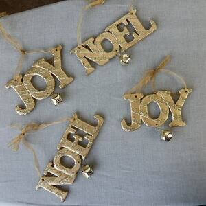 4 Joy Noel Holiday Ornaments gold 2" tall jingle bells glitter